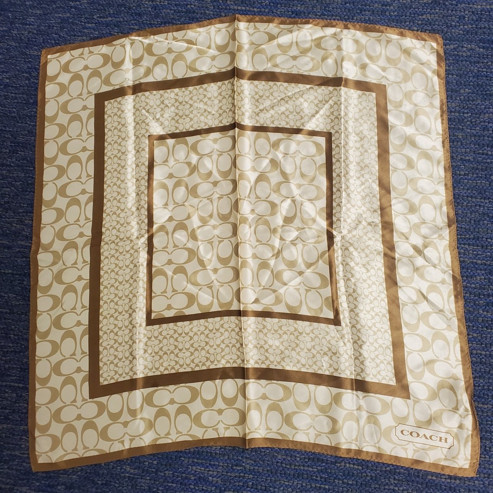 Coach Silk Scarf Square Monogram Luxury Designer Brown Cream Bandana Y2K Light